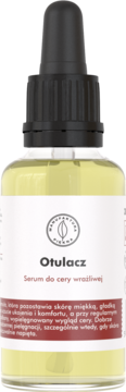 Otulacz Serum do cery wrażliwej w przezroczystej butelce z czarnym zakraplaczem, widok z przodu.