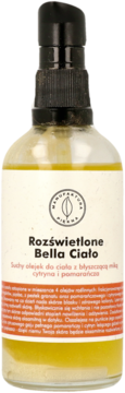 Rozświetlony suchy olejek Bella Ciało z miką, cytryną i pomarańczą w butelce z pompką, widok z przodu.