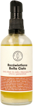 Rozświetlony suchy olejek Bella Ciało z miką, cytryną i pomarańczą w butelce z pompką, widok z przodu.