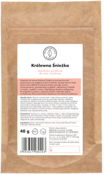 Królewna Śnieżka maseczka glinkowa w beżowej saszetce kraft, biała etykieta, logo i różowy pasek, z przodu.