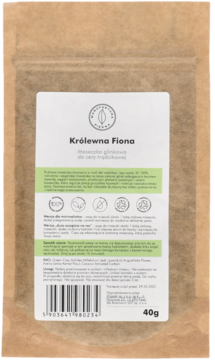 Opakowanie maseczki glinkowej Królewna Fiona do cery trądzikowej 40g, brązowa torebka papierowa, widok z przodu.