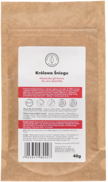 Maseczka glinkowa Królowa Śniegu w brązowej, papierowej torebce z białą etykietą, widok z przodu, 40g.