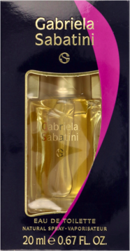 Woda toaletowa Gabriela Sabatini 20 ml, złota butelka w czarnym opakowaniu z różowym akcentem.