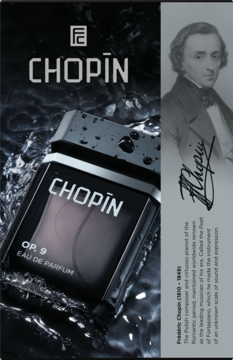 Ciemna butelka męskiej wody perfumowanej Chopin OP.9 o drzewno-orientalnym zapachu, zanurzona w wodzie.