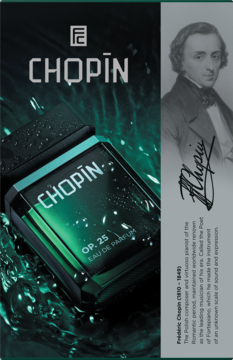 Chopin OP.25 woda perfumowana męska, ciemnozielona butelka z czarną nakrętką, otoczona wodą, z portretem Chopina.