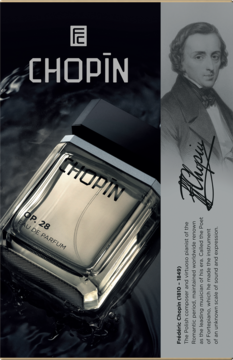 Chopin OP.28 woda perfumowana w eleganckiej, prostokątnej butelce na ciemnym tle, z wizerunkiem Chopina.