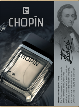 Elegancka butelka perfum Chopin OP.28 Eau de Parfum częściowo zanurzona w wodzie, obok portret F. Chopina.