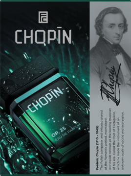 Chopin OP.25 Eau de Parfum dla mężczyzn, ciemnozielona butelka z kroplami wody, obok portretu Chopina.