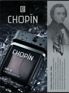 Czarna butelka perfum Chopin OP.9 Eau de Parfum z kropelkami wody, obok portret Chopina z podpisem.