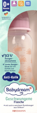 Babydream antykolikowa butelka profilowana, różowa nakrętka, silikonowy smoczek, 0+ msc, przód.