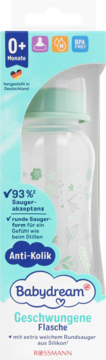 Butelka Babydream Geschwungene Flasche antykolikowa, przezroczysta z zielonym smoczkiem, w opakowaniu, widok z przodu.