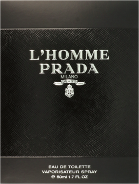 Męska woda toaletowa Prada L'Homme. Czarne, teksturowane pudełko ze srebrnymi napisami, widok z przodu.