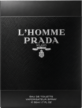 Męska woda toaletowa Prada L'Homme w czarnym, teksturowanym pudełku ze srebrnym napisem, widok z przodu.