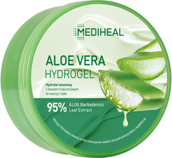 Mediheal Aloe Vera Hydrogel w okrągłym, zielonym słoiku, z liśćmi aloesu na etykiecie, widok z przodu.