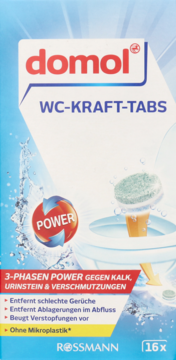 Opakowanie Domol WC-KRAFT-TABS, niebiesko-białe, z tabletką rozpuszczającą się w toalecie, 16 szt., widok z przodu.