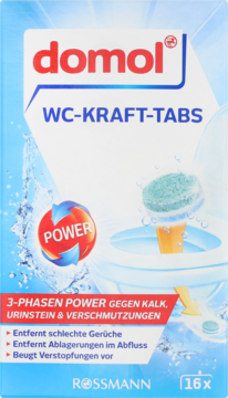 domol WC-KRAFT-TABS 16x, niebieskie opakowanie z logo Rossmann, widok z przodu, tabletka czyści WC.