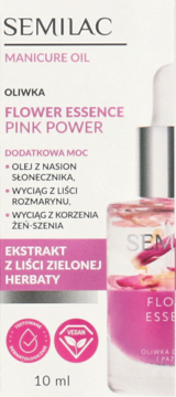 Przednie ujęcie opakowania Semilac Manicure Oil Flower Essence Pink Power, białe z butelką i zieloną herbatą.
