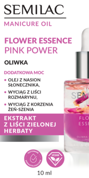 Semilac Flower Essence Pink Power oliwka do skórek, zielona herbata, różowe kwiatki w butelce, widok z przodu.