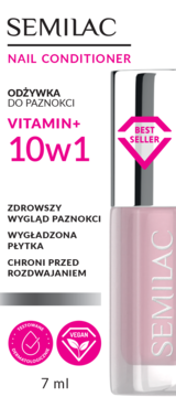 Semilac Odżywka do paznokci Vitamin+ 10w1 w różowej butelce z srebrną nakrętką, pionowo na białym tle.