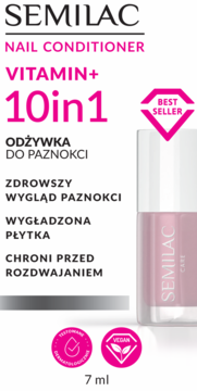 Biało-różowe pudełko Semilac Vitamin 10in1 odżywki do paznokci, chroniącej przed rozdwajaniem, z różową butelką.