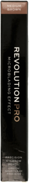 Czarne opakowanie kredki do brwi Revolution Pro w kolorze Medium Brown, z efektem mikrobladingu, widok z boku.