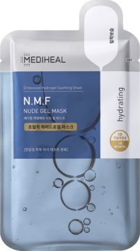 Mediheal N.M.F Nude Gel Mask, niebiesko-przezroczysta saszetka hydrożelowej maski nawilżającej, widok z przodu.