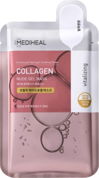 Light pink Mediheal Collagen Nude Gel Mask hydrogel sheet pouch, front view, with vitalizing text.