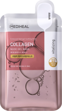 Light pink Mediheal Collagen Nude Gel Mask hydrogel sheet pouch, front view, with vitalizing text.