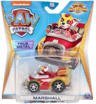 Pojazd Paw Patrol True Metal Mighty Pups Super Paws Marshall w blistrze. Czerwono-żółty samochodzik, widok z przodu.