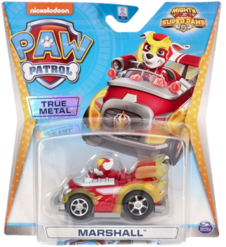 Pojazd Paw Patrol True Metal Mighty Pups Super Paws Marshall w blistrze. Czerwono-żółty samochodzik, widok z przodu.