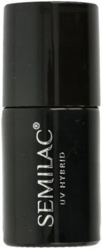 SEMILAC lakier hybrydowy UV w czarnej, błyszczącej butelce z srebrnym logo i napisem, widok z przodu.