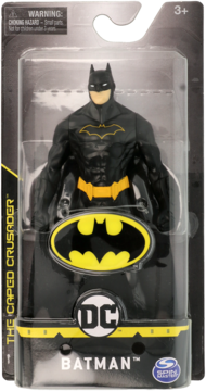 Figurka Batman DC Comics w czarnym stroju z żółtymi detalami, zapakowana w oryginalny blister, widok przodem.