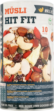 Muesli Hit Fit, biała puszka, widok z przodu. Pokazano mieszankę: orzechy, suszone owoce, płatki. Produkt wegański, bez oleju palmowego.