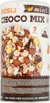 Müsli Mixit Choco Mix, cylindryczna tuba, etykieta z mieszanką płatków i czekolady, 7 porcji.