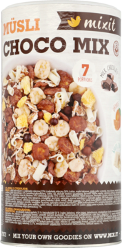 Müsli Mixit Choco Mix, cylindryczna tuba, etykieta z mieszanką płatków i czekolady, 7 porcji.