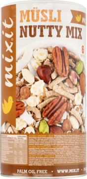 Mixit Muesli Nutty Mix, cylindryczna tuba, widok z przodu. Zawiera orzechy laskowe, pekan, migdały, pistacje i płatki.
