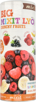 Big Mixit LYO Crunchy Fruits package, front view, highlighting freeze-dried strawberries, raspberries, and banana.