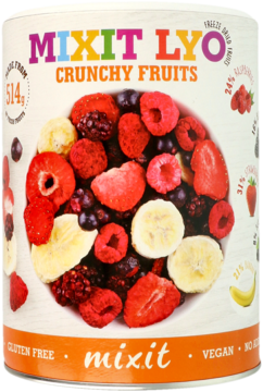MIXIT LYO Crunchy Fruits, biała tuba z widocznymi liofilizowanymi truskawkami, malinami, bananami i jeżynami.