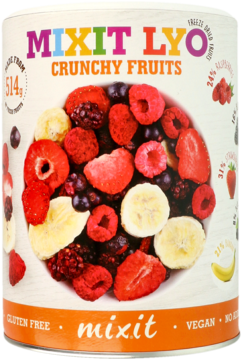 MIXIT LYO Crunchy Fruits, biała tuba z widocznymi liofilizowanymi truskawkami, malinami, bananami i jeżynami.