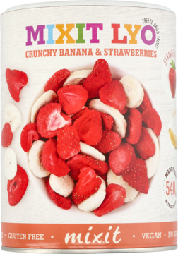 Puszka Mixit Lyo Crunchy Banana & Strawberries, liofilizowane owoce banan i truskawka, widok z przodu.