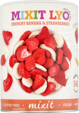 Puszka Mixit Lyo Crunchy Banana & Strawberries, liofilizowane owoce banan i truskawka, widok z przodu.