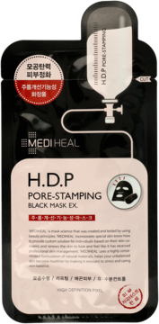 Mediheal H.D.P. PORE-STAMPING Black Mask Ex. w czarnej saszetce z białymi napisami i grafiką, widok z przodu.