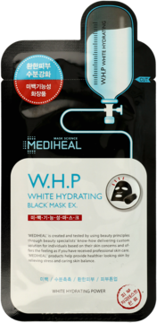 Mediheal W.H.P White Hydrating Black Mask EX, czarne opakowanie z grafiką IV-kroplówki. Maska nawilżająca.