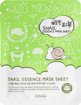 Esfolio Snail Essence Sheet Mask: zielono-białe opakowanie z wizerunkami ślimaków i roślin, widok z przodu.
