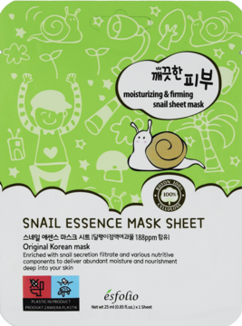 Esfolio Snail Essence Mask Sheet, zielono-biała saszetka z rysunkami ślimaków, widok z przodu.