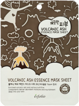 Esfolio Volcanic Ash Essence Mask Sheet, brązowa saszetka z wulkanami, oczyszczająca i nawilżająca, widok z przodu.