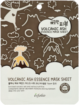 Esfolio Volcanic Ash Essence Mask Sheet, brązowa saszetka z wulkanami, oczyszczająca i nawilżająca, widok z przodu.