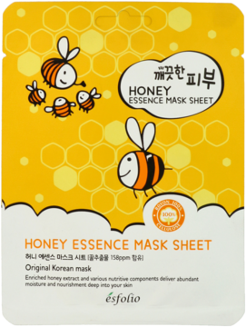 Maska w płachcie Esfolio Honey Essence, nawilżająca, z miodem, żółte opakowanie z pszczołami, widok z przodu.