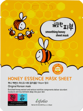 Esfolio smoothing honey sheet mask, żółto-białe opakowanie z pszczołami i plastrem miodu, widok z przodu.