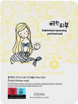 Esfolio Pearl Essence Mask Sheet, białe opakowanie z rysunkiem syrenki i perły, rozświetlająca maska koreańska, widok z przodu.